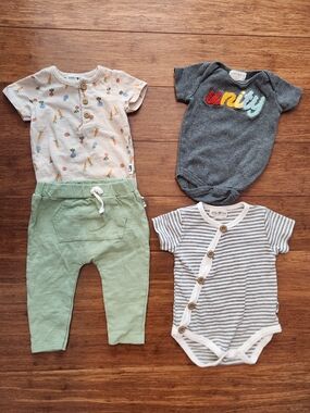 Rabbit And Bear Kids Matching Short Sleeve Sets- 3 Onesies And Pants, 3-6 Months